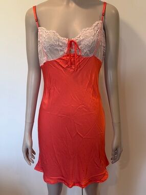 Anthropologie Silky Slip Dress Coral w Lace Adjustable Straps Size Small